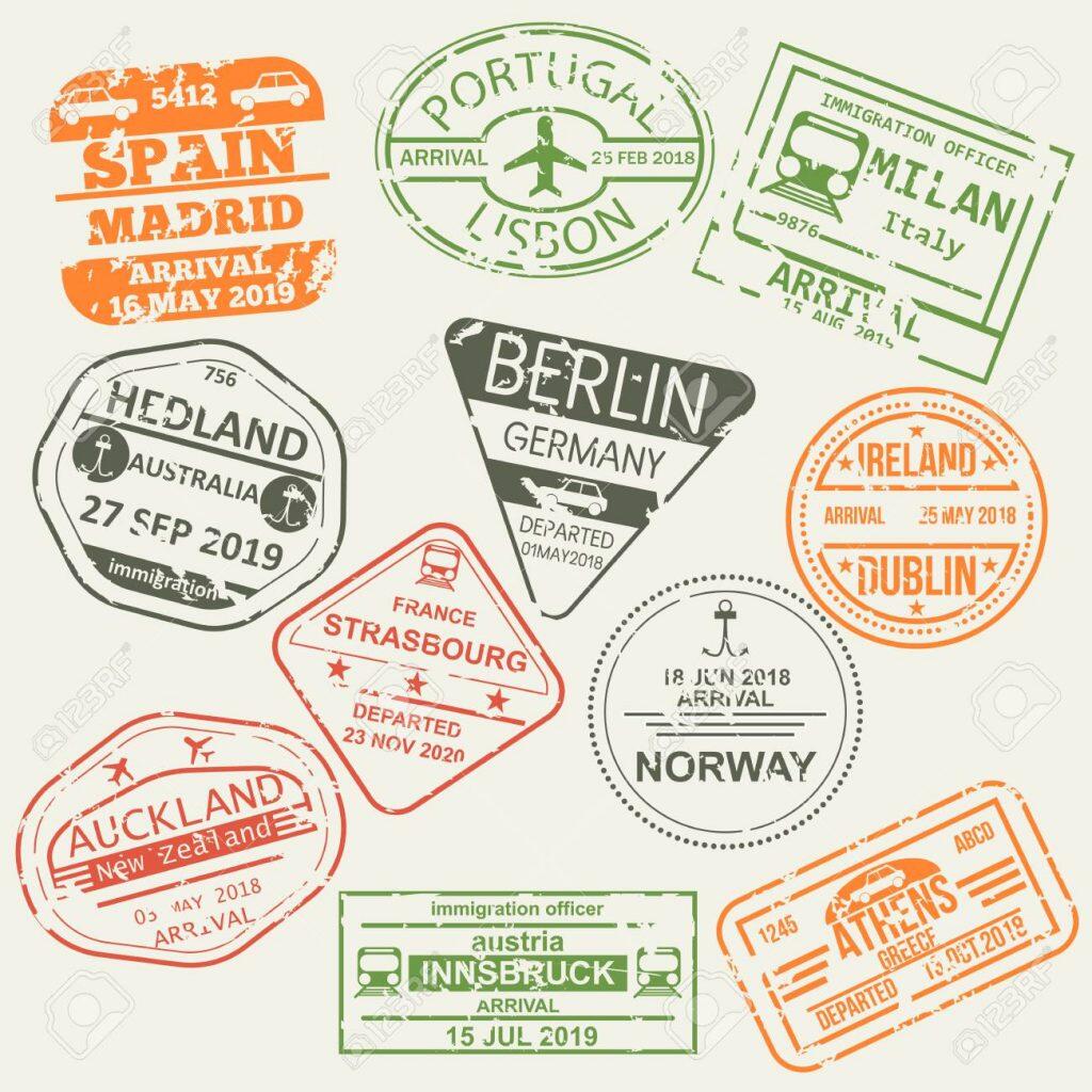 Satz von isolierten Visum-Passstempeln.