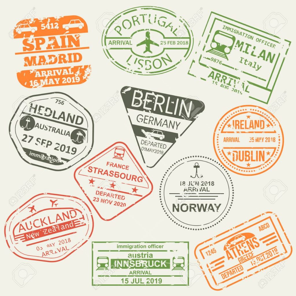 Satz von isolierten Visum-Passstempeln.